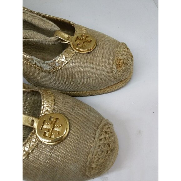 Tory Burch Brown Canvas Tie Wrap Espadrille Wedge Heels Size 9 FLAWED - Picture 7 of 16